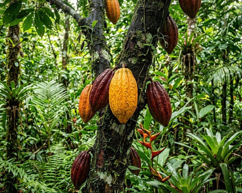 Ripe cacao pods in red, orange and yellow growing directly from the trunk of a cacao tree in a tropical forest